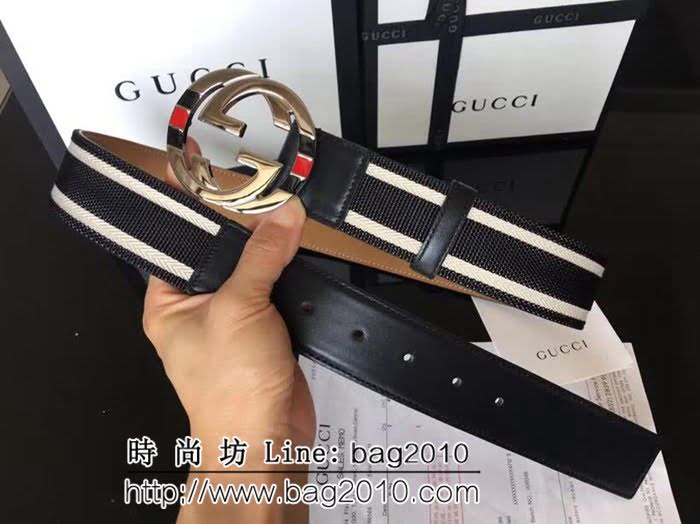 古馳CUCCI 雙條紋黑白織布頭層牛皮接頭尾 配純銅扣 百搭休閒款男士皮帶 GHG1186